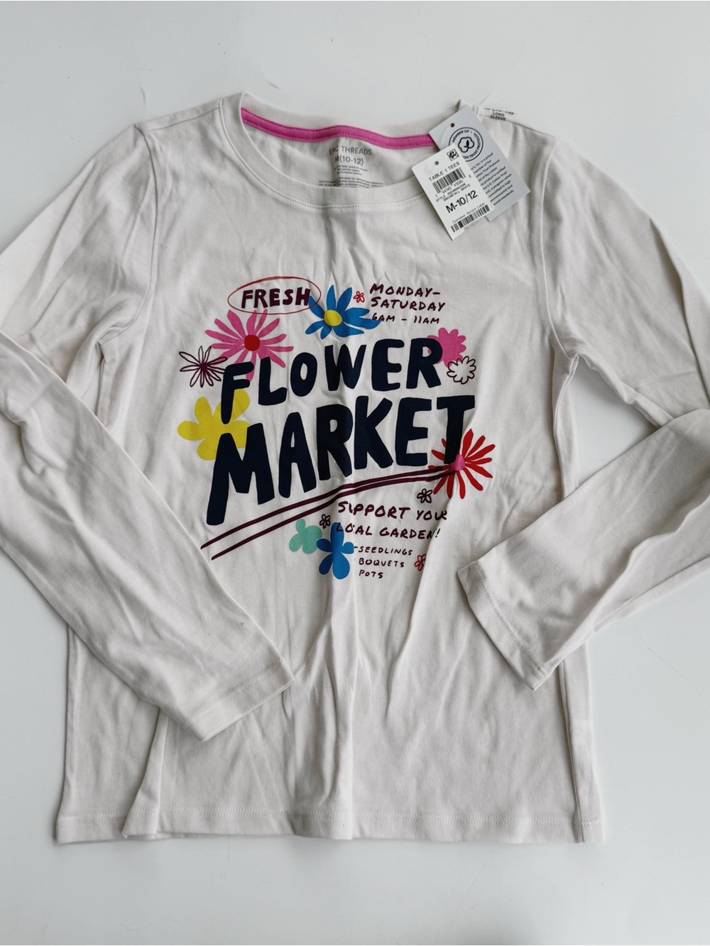 NWT Epic Threads White Long Sleeve Tee with Colorful Flower Market Graphic